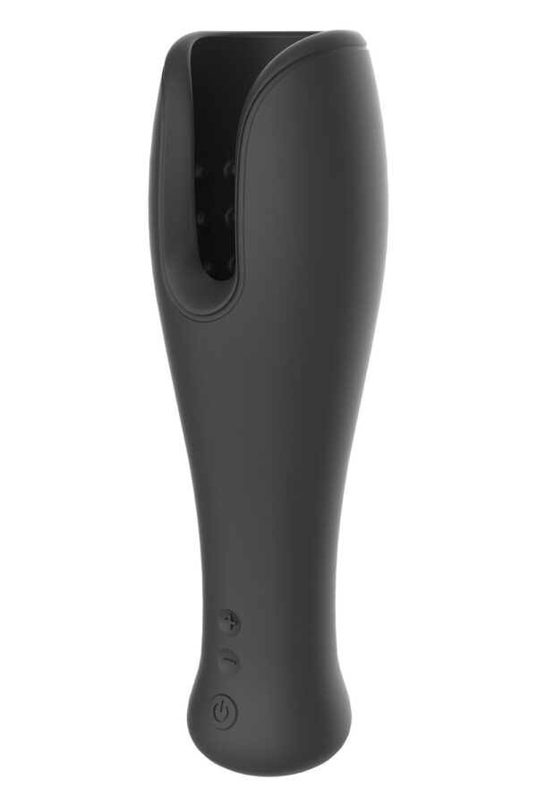 Flexible penis head vibrator with texture insideSqueezable shaft5 Vibration speeds and 5 rhythmsIPX6 Shower friendlyRechargeable