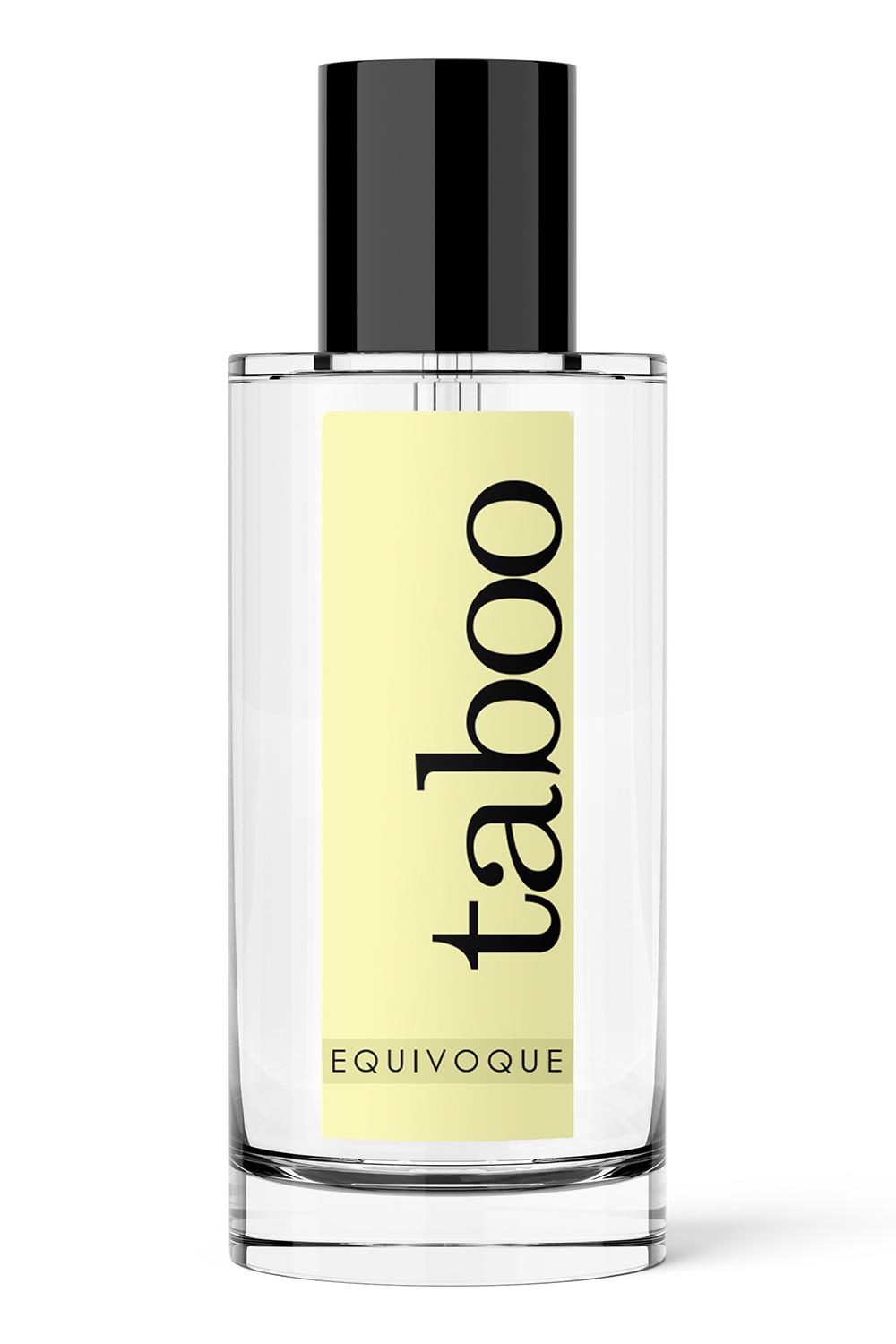 TABOO EQUIVOQUE VOOR HEM & HAAR 50 ML – Afbeelding 2 offering a seductive floral heart completed with an erotic wood and sexual amber scents. Fragrances: citrus fruit - fruity - amberUnisex Eau de Toilette50 mlTop notes: green apple / cedar / lemonHeart notes: jasmine / white rose Base notes: amber / musk / cedar woodIngredients: Alcohol