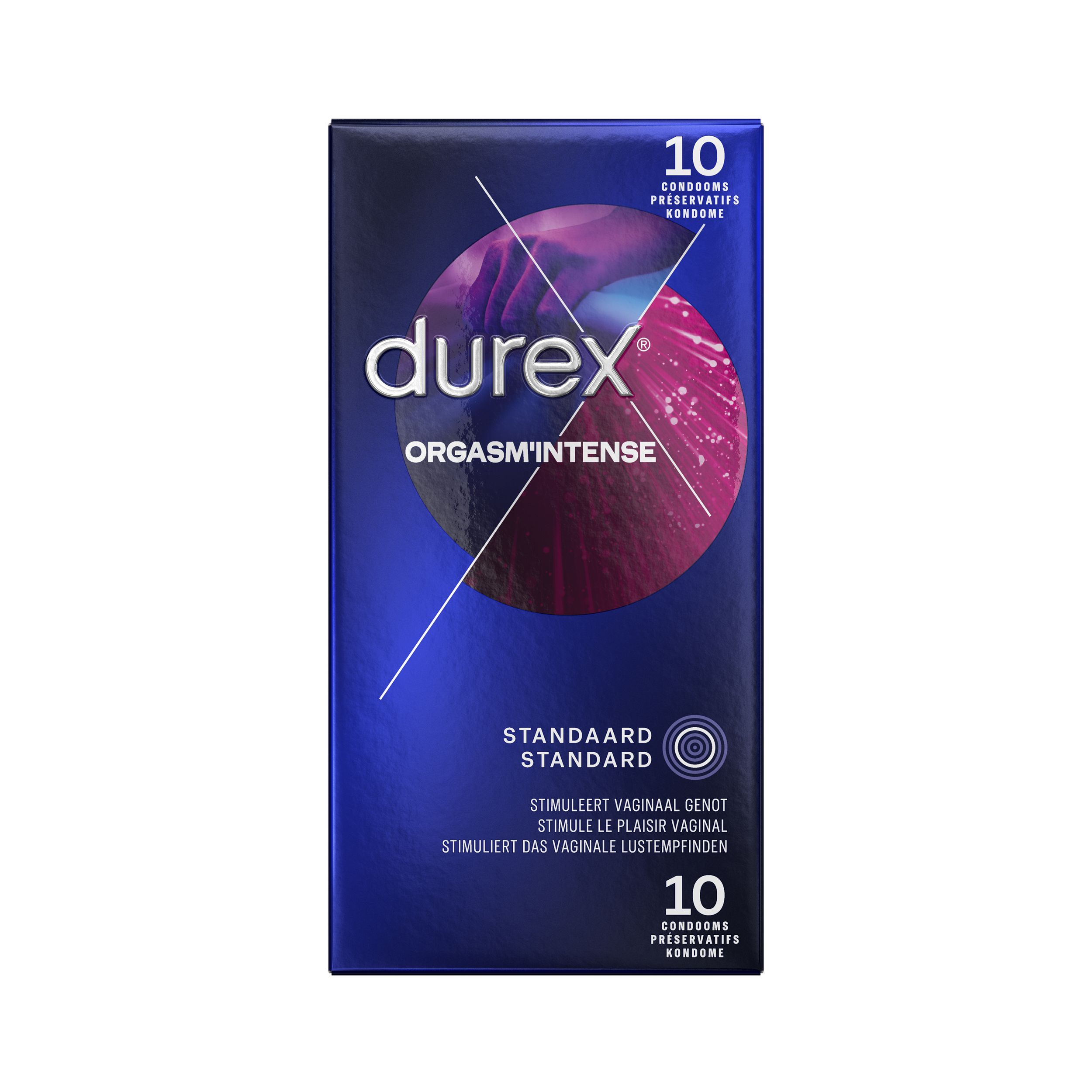 DUREX CONDOOMS ORGASM INTENSE 10 STUKS – Afbeelding 1 Durex Orgasm Intense Condooms zijn stimulerende condooms die haar meer verwennen tijdens de seks. De geribbelde en genopte condooms zijn voorzien van stimulerende structuren en een speciale gel die intieme delen gevoeliger zal maken. De afwisselde sensatie van warme en koude tintelingen zullen zorgen voor een onvergetelijke avond.