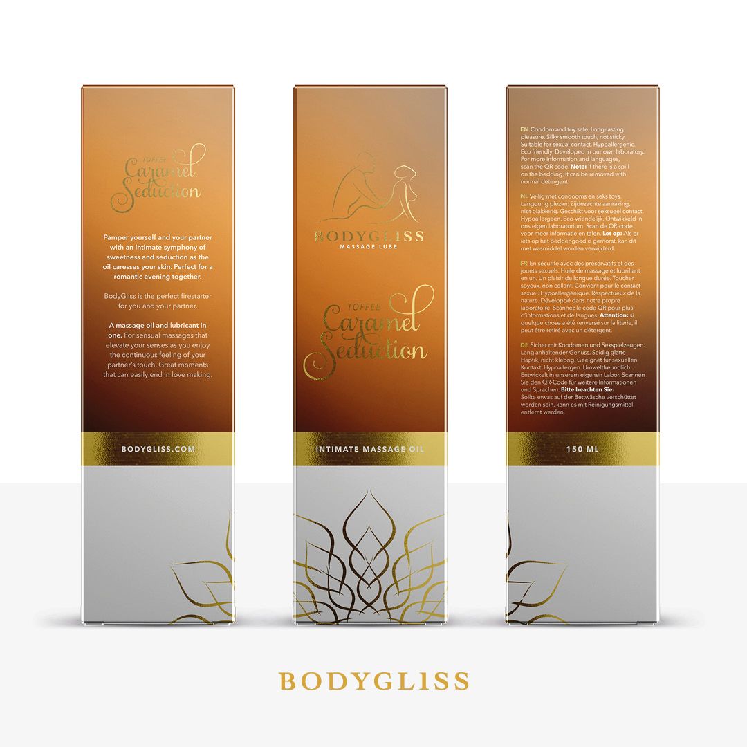 BODYGLISS MASSAGE OLIE EN GLIJMIDDEL IN 1 TOFFEE KARAMEL – Afbeelding 3 Let op: gebruik de olie niet combinatie met siliconen toys.