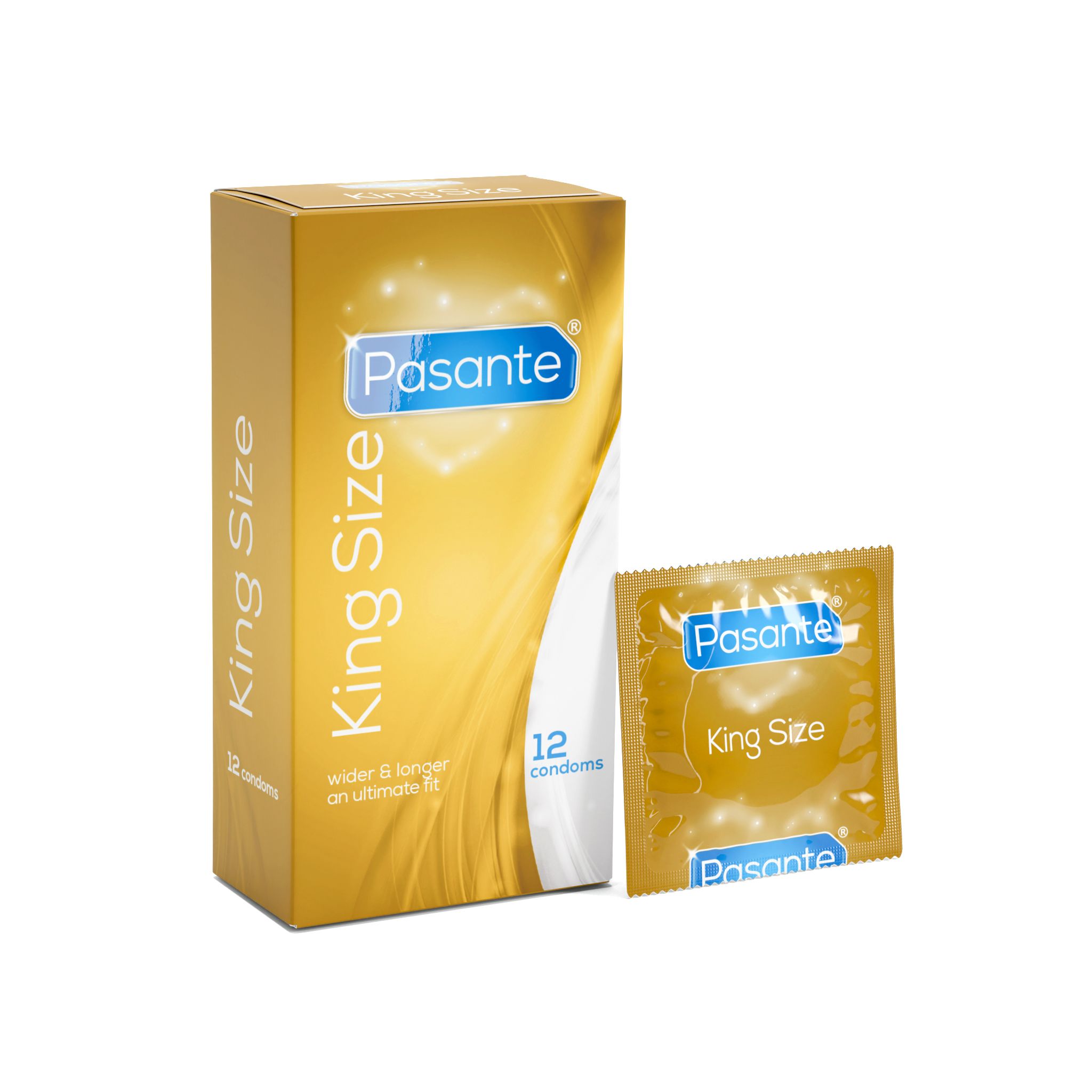 PASANTE KING SIZE CONDOOMS 12 STUKS โ Afbeelding 1 Voor de veiligheid is het belangrijk om een goed passend condoom te gebruiken. De Pasante King Size comdooms zijn ruimere condooms voor de grotere maat. Deze condooms zijn met een nominale breedte van 60 mm zoโฒn 10% ruimer dan de andere condooms van Pasante en zijn aanzienlijk langer. Als een normaal condoom te strak zit of steeds lastig af rolt
