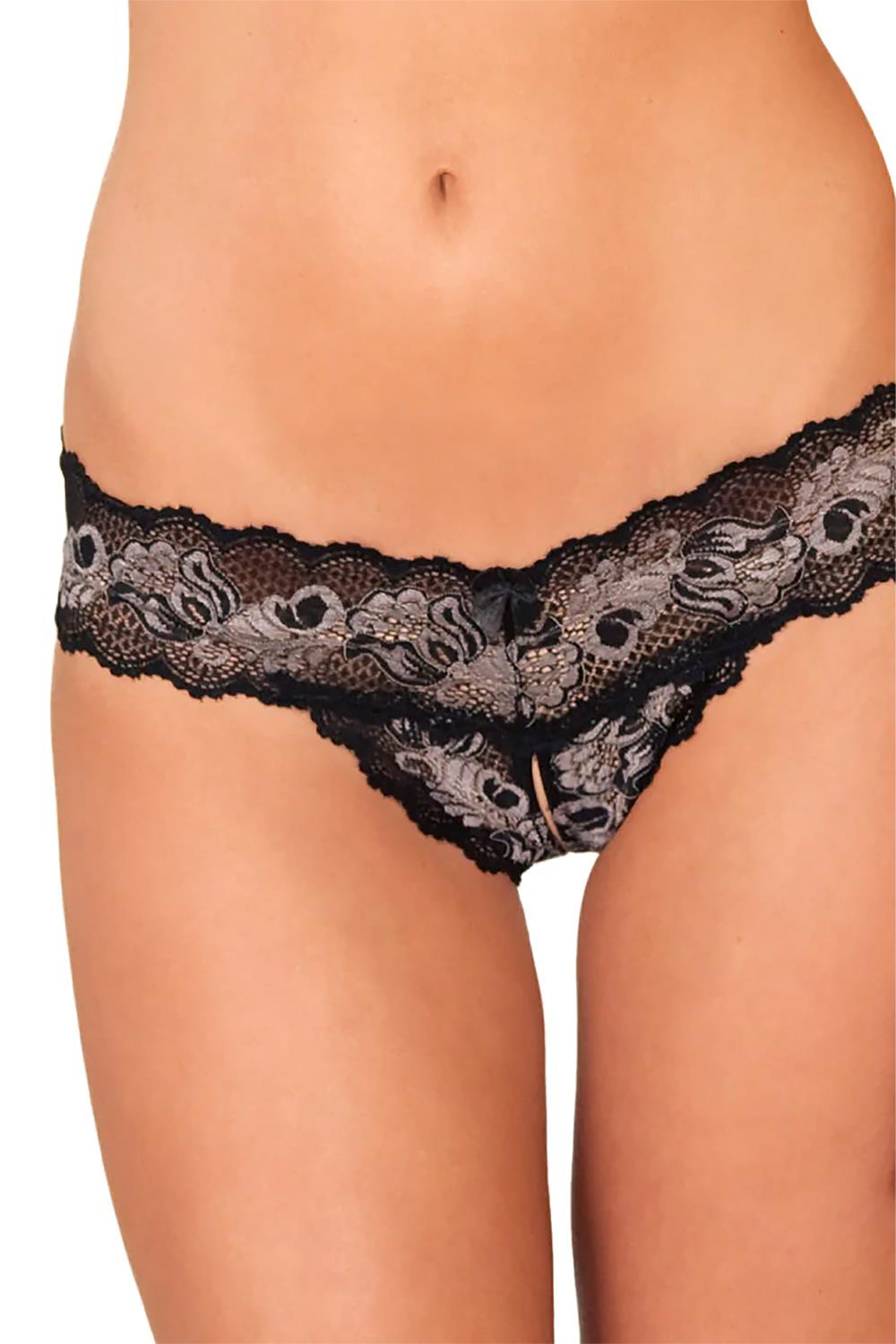 Crotchless lace v-thong zwart, m/l